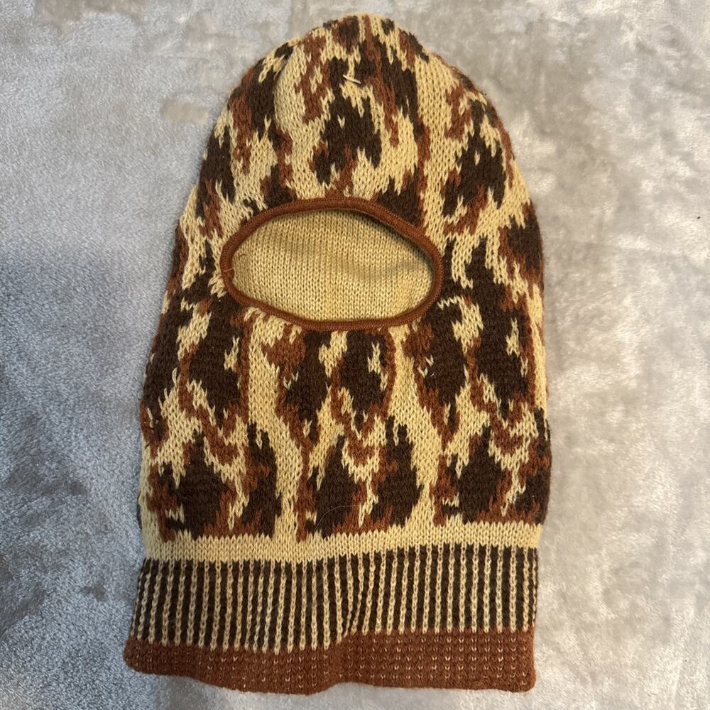 Vintage 70's-80's Knit Balaclava Hood Double Lined Reversible Brown Tan